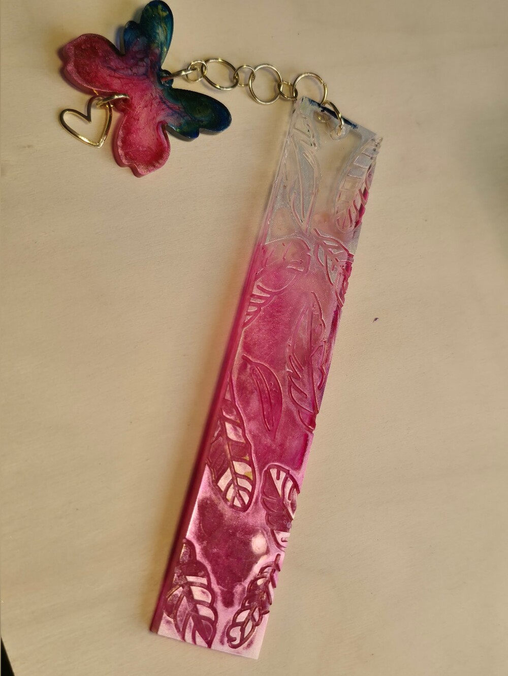 Pink Botanical Floral Resin Bookmark w/ Butterfly & Heart Dangle - Picture 4 of 4